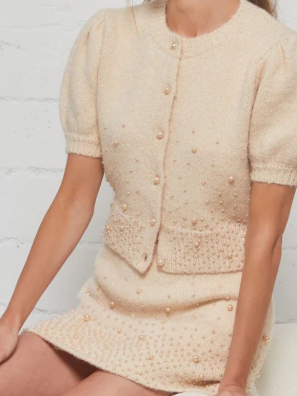 ASTR Joly Pearl Embellished Cardigan & Skirt Set